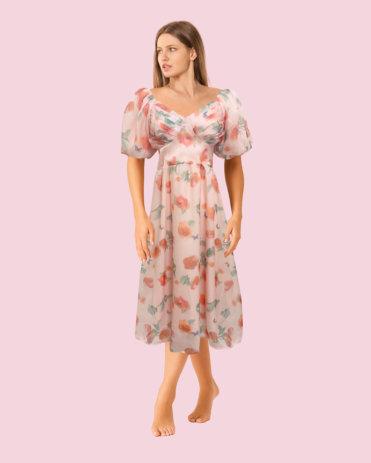 ROSA Puff Midi Dress - Peach Pink
