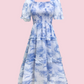 SILVIA Floral Puff Midi Dress - Blue