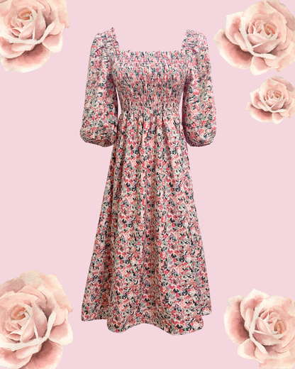 ANITA Floral Puff Midi Dress - Pink