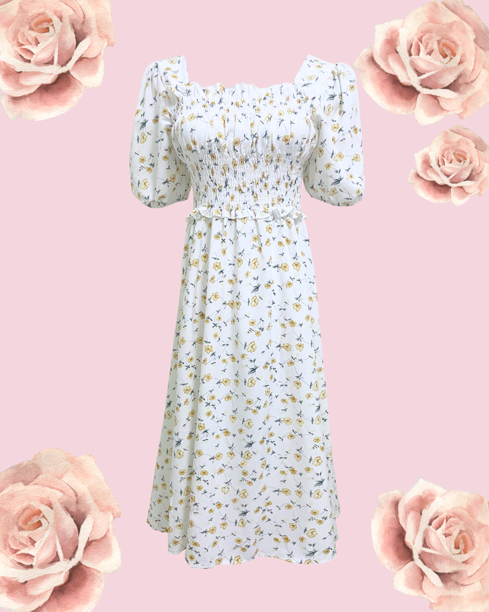 HANNA Floral Puff Midi Dress - White