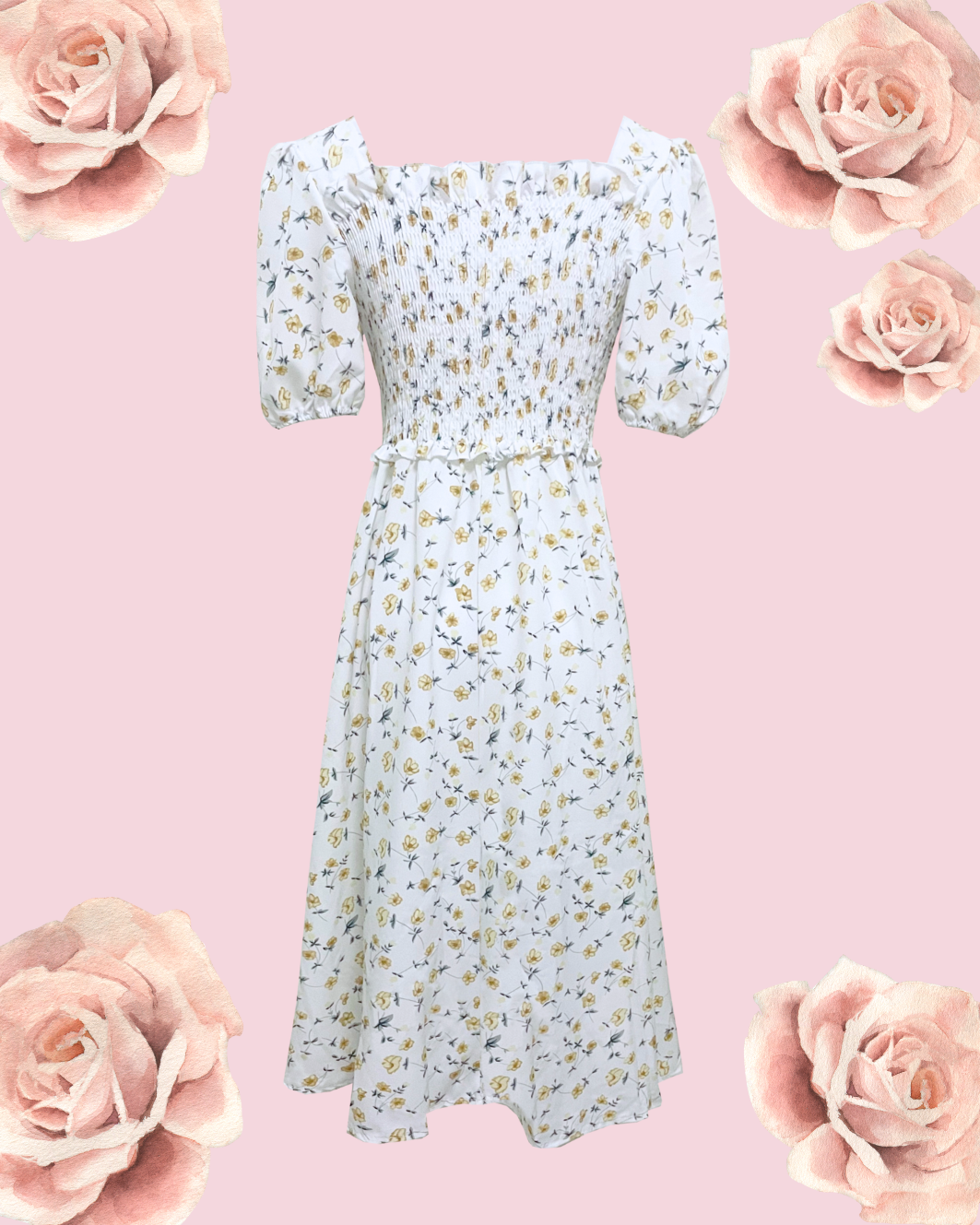 HANNA Floral Puff Midi Dress - White