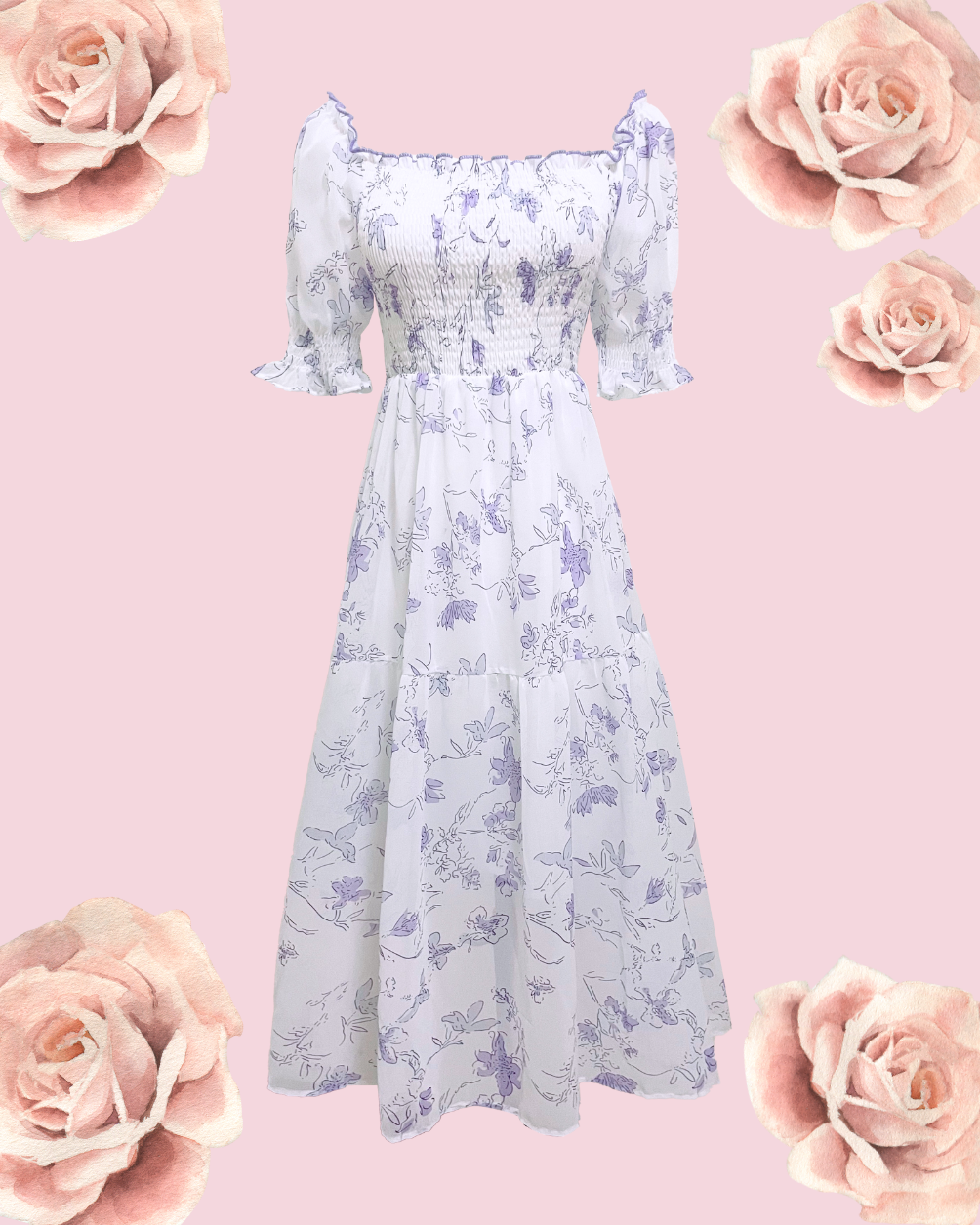 IRIS Floral Puff Midi Dress - Lavender