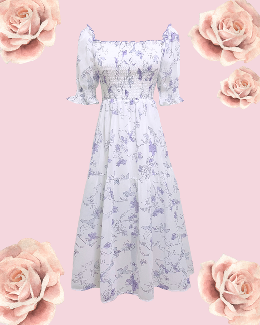 IRIS Floral Puff Midi Dress - Lavender