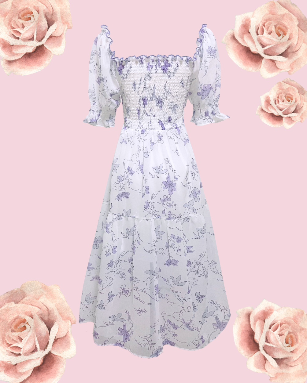 IRIS Floral Puff Midi Dress - Lavender