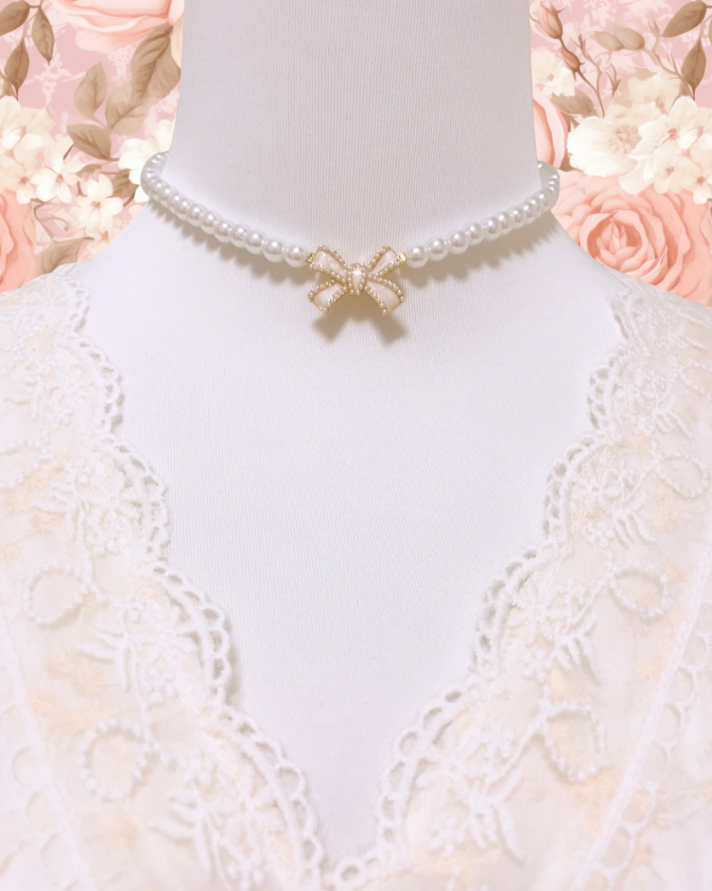 KELLY Bow Pearl Necklace - Light Pink