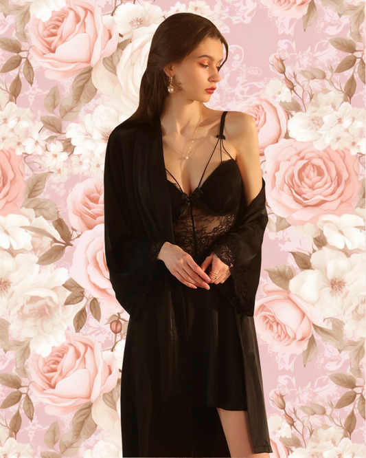 LUNA Nightdress + Robe Set - Black