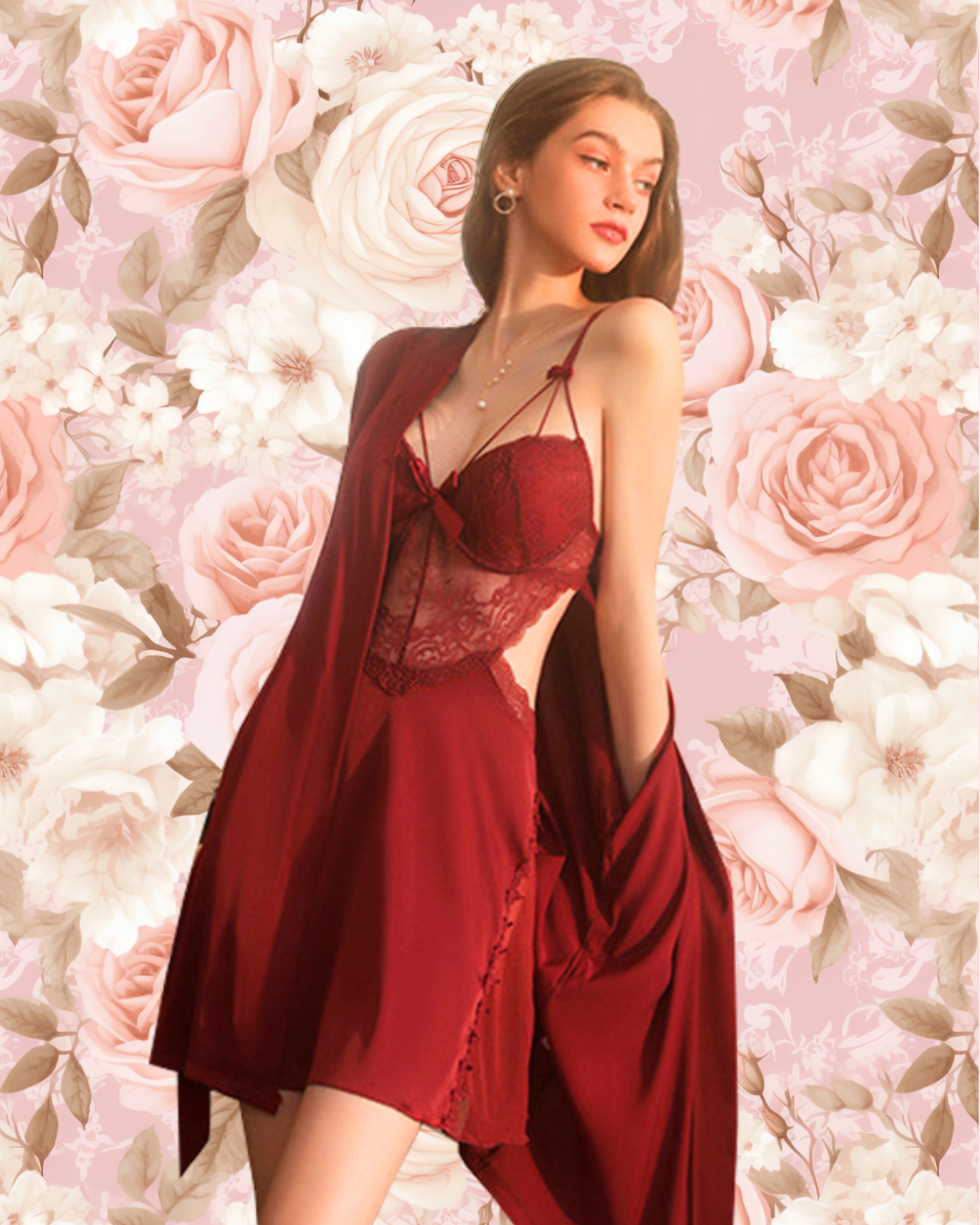 LUNA Nightdress + Robe Set - Burgundy