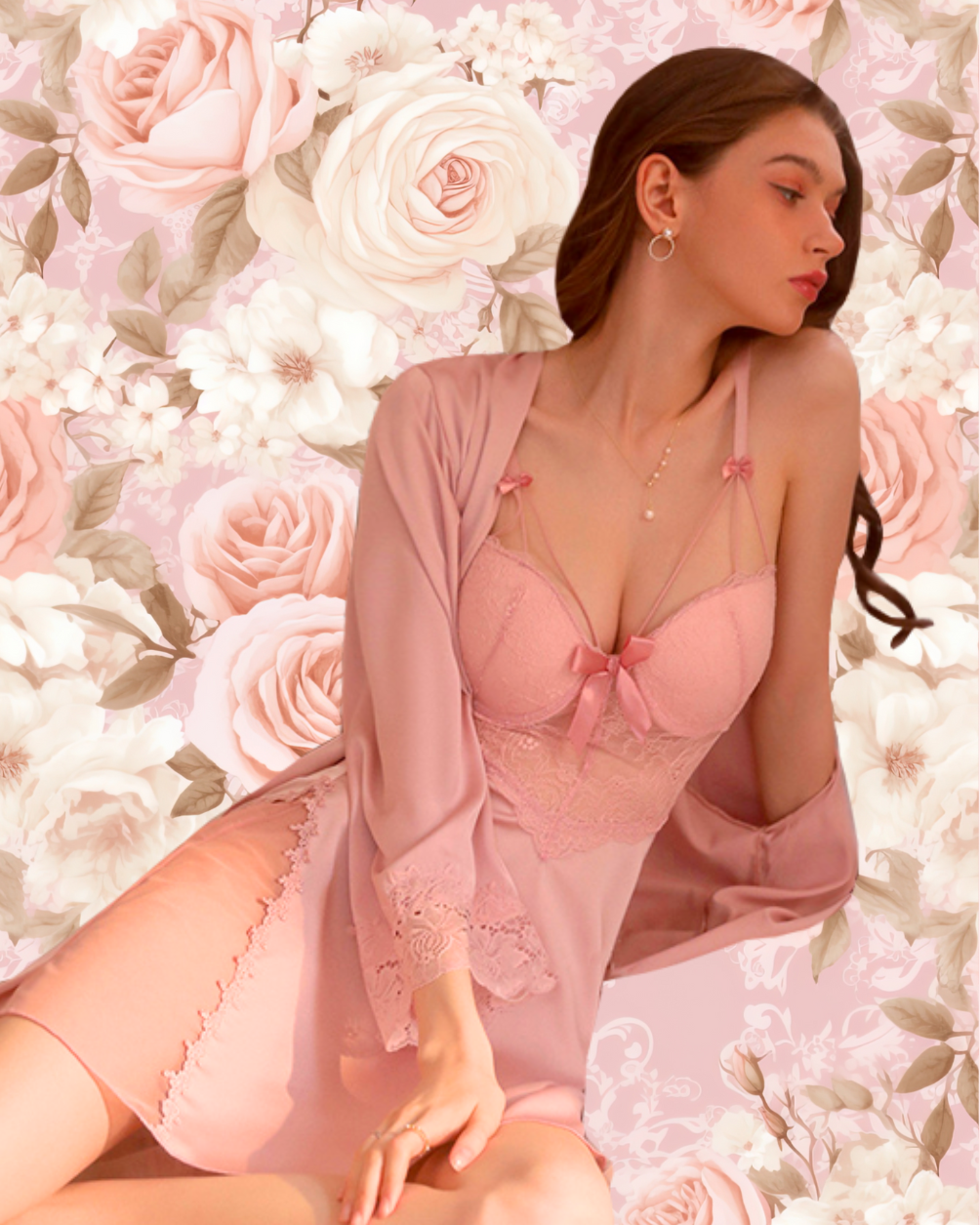 LUNA Nightdress + Robe Set - Light Pink