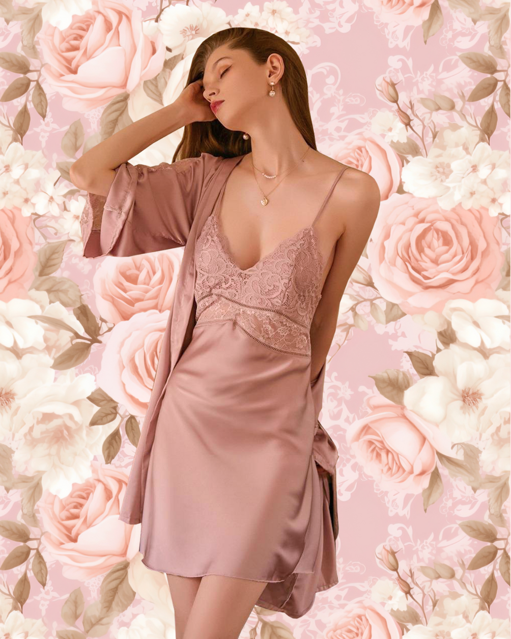 QUEENETTE Nightdress + Robe Set - Mauve Pink