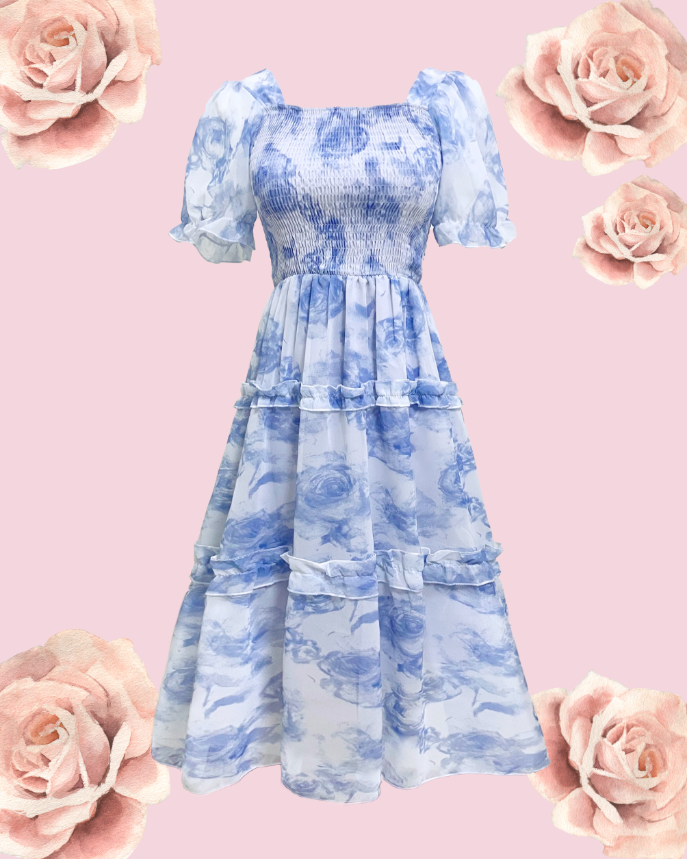 SILVIA Floral Puff Midi Dress - Blue