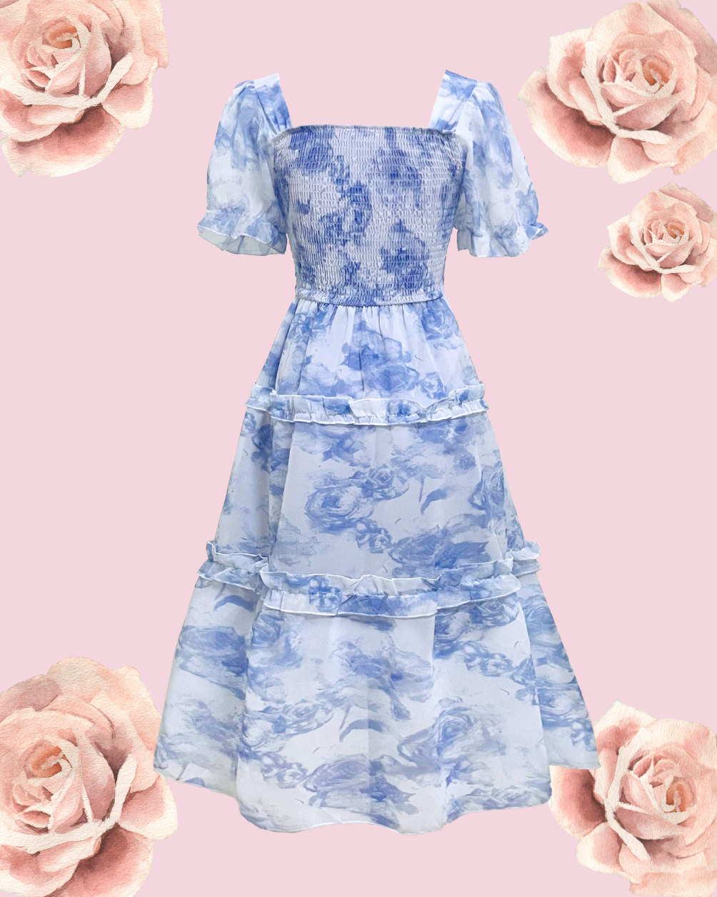 SILVIA Floral Puff Midi Dress - Blue