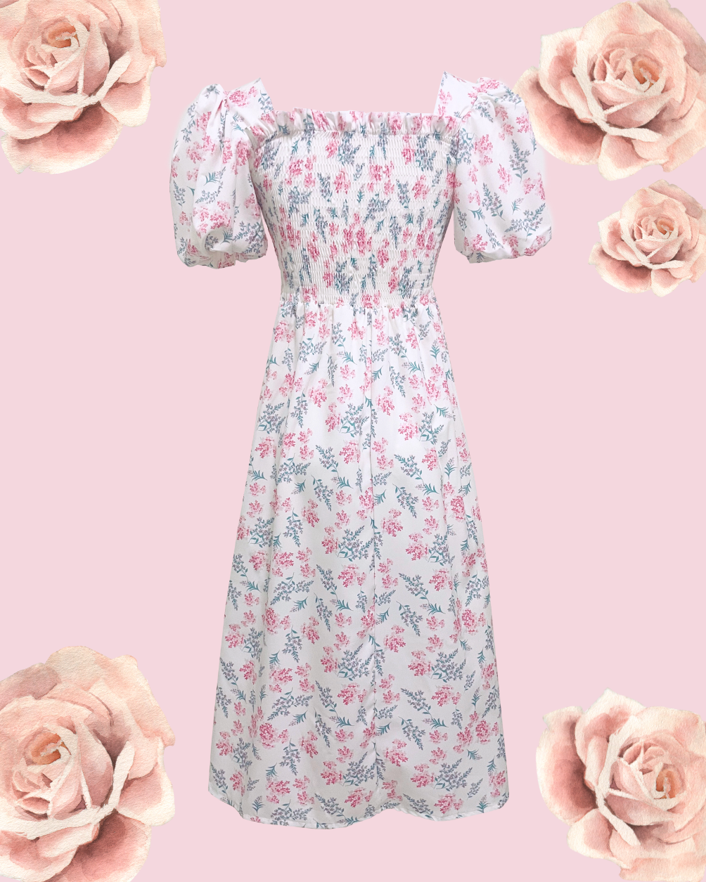 VIVIENNE Floral Puff Midi Dress - Light Pink